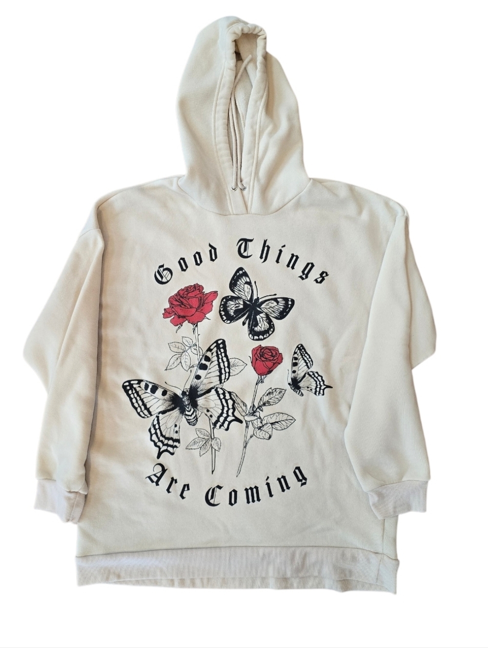 Faded Rose Good Things Are Coming Beige Pullover Hoodie Sweatshirt L